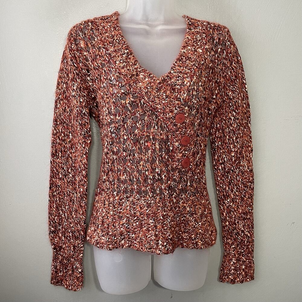 BKE Mohair Alpaca Sweater Size Medium Open Knit Marled Orange V-neck Y2K Boho